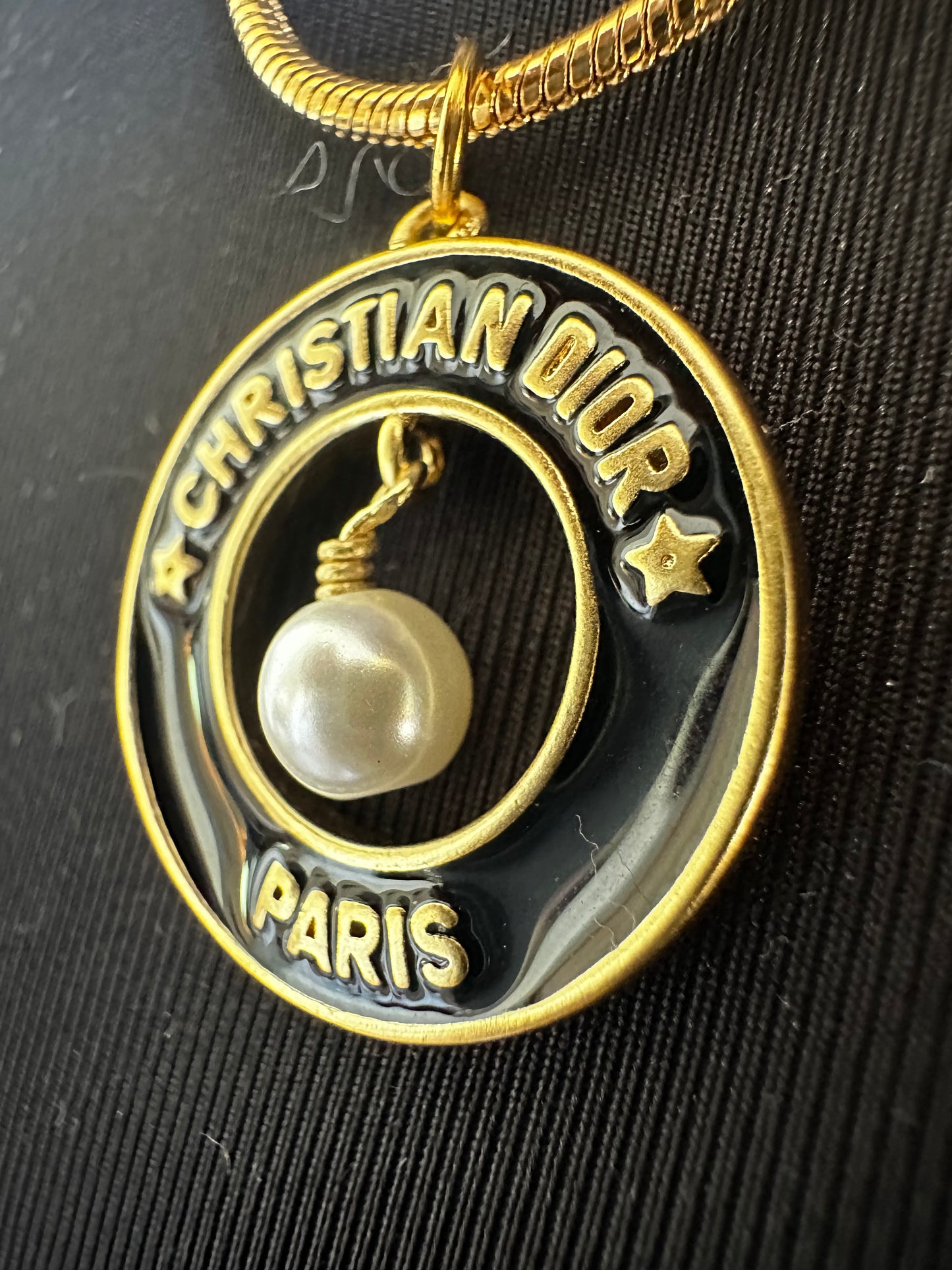Christian Dior Gold Chain w Upcycled Gold, Black Lacquer, and Pearl Circular Pendant