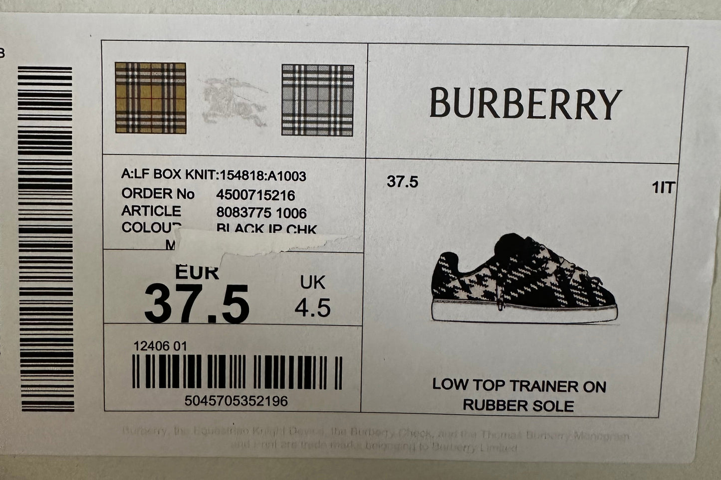 Burberry !New with Tags! Black and White Novocheck Sneakers sz 37.5