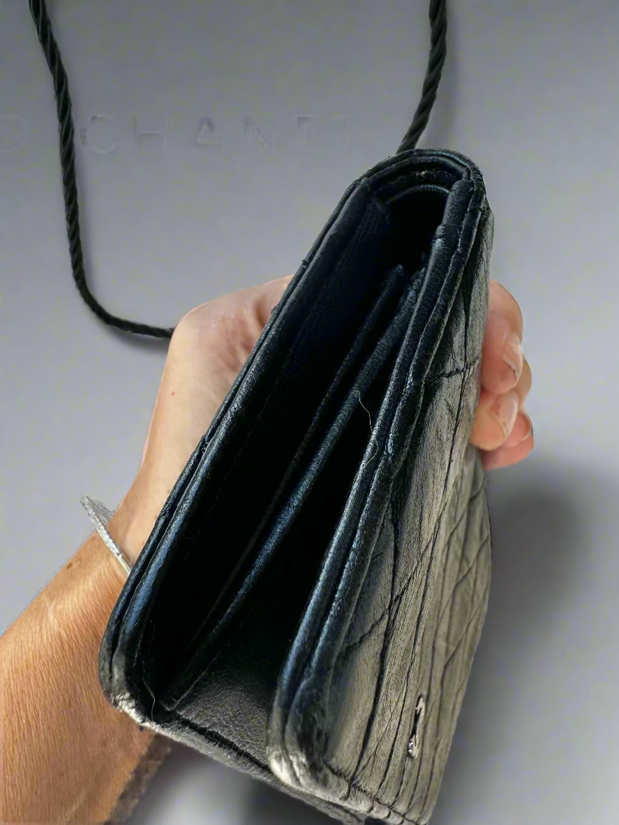 Chanel Black Quilted Wild Stitch Lambskin Leather Wallet
