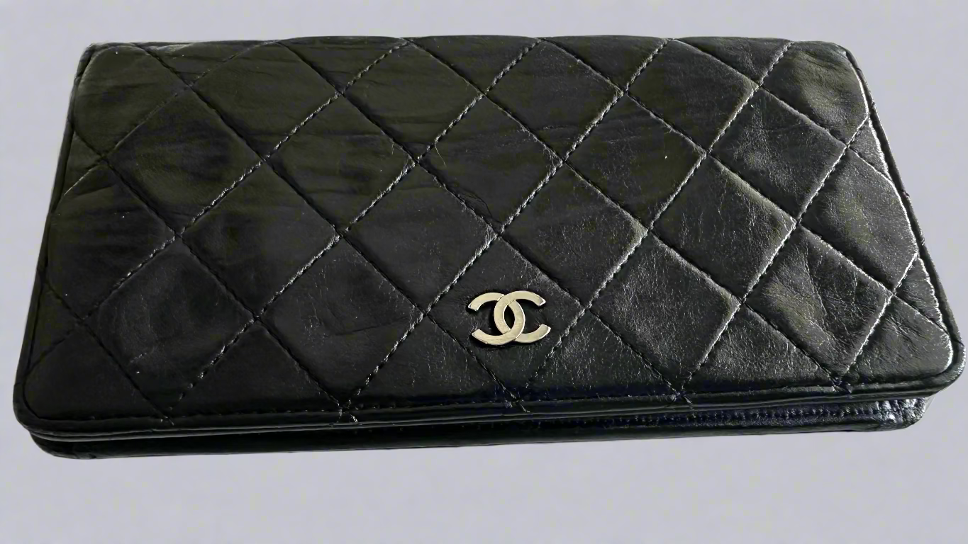 Chanel Black Quilted Wild Stitch Lambskin Leather Wallet