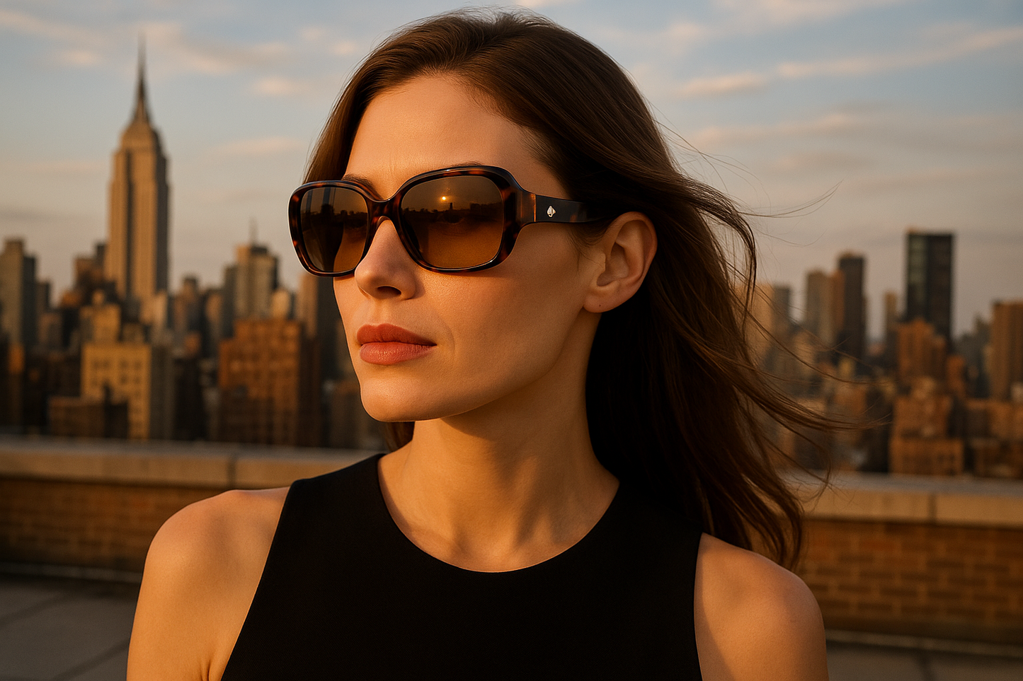A fashionable model posing on a city rooftop wearing Kate Spade Annora/P/S sunglasses