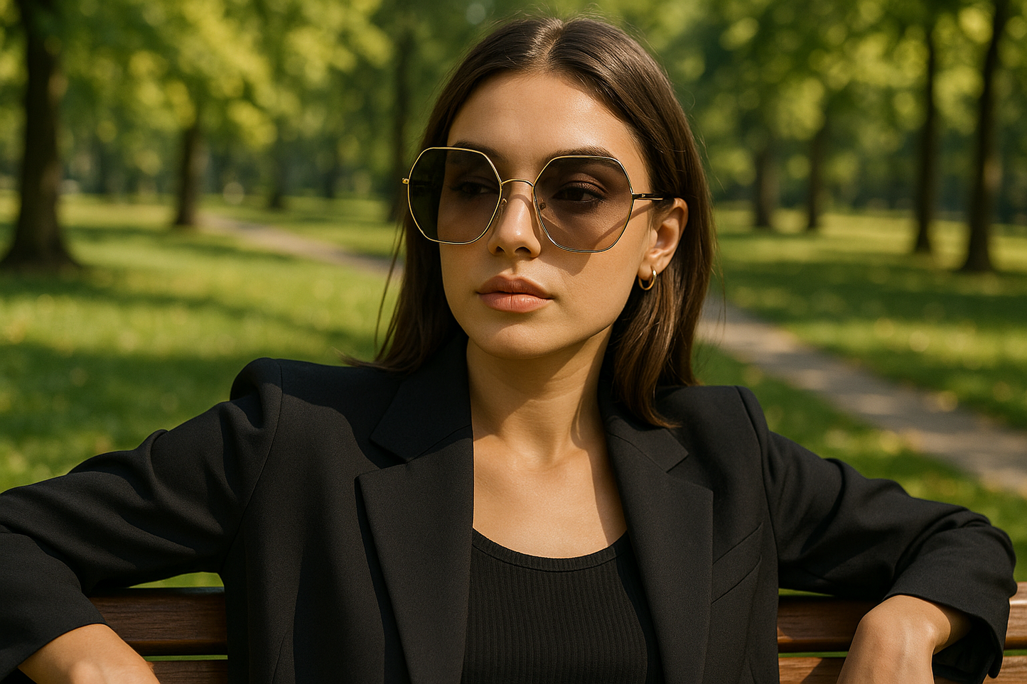 A fashionable model sitting on a wooden park bench wearing oversized gold-framed sunglasses with gradient dark lenses