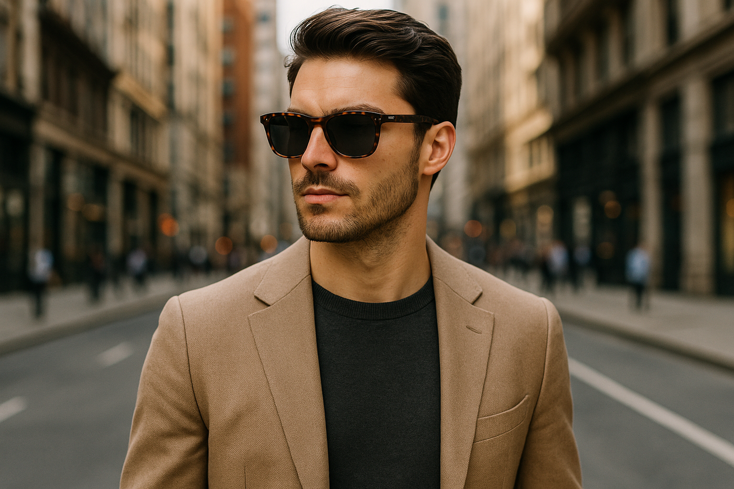 A stylish male model in full torso shot wearing Ferragamo tortoiseshell sunglasses on a city street