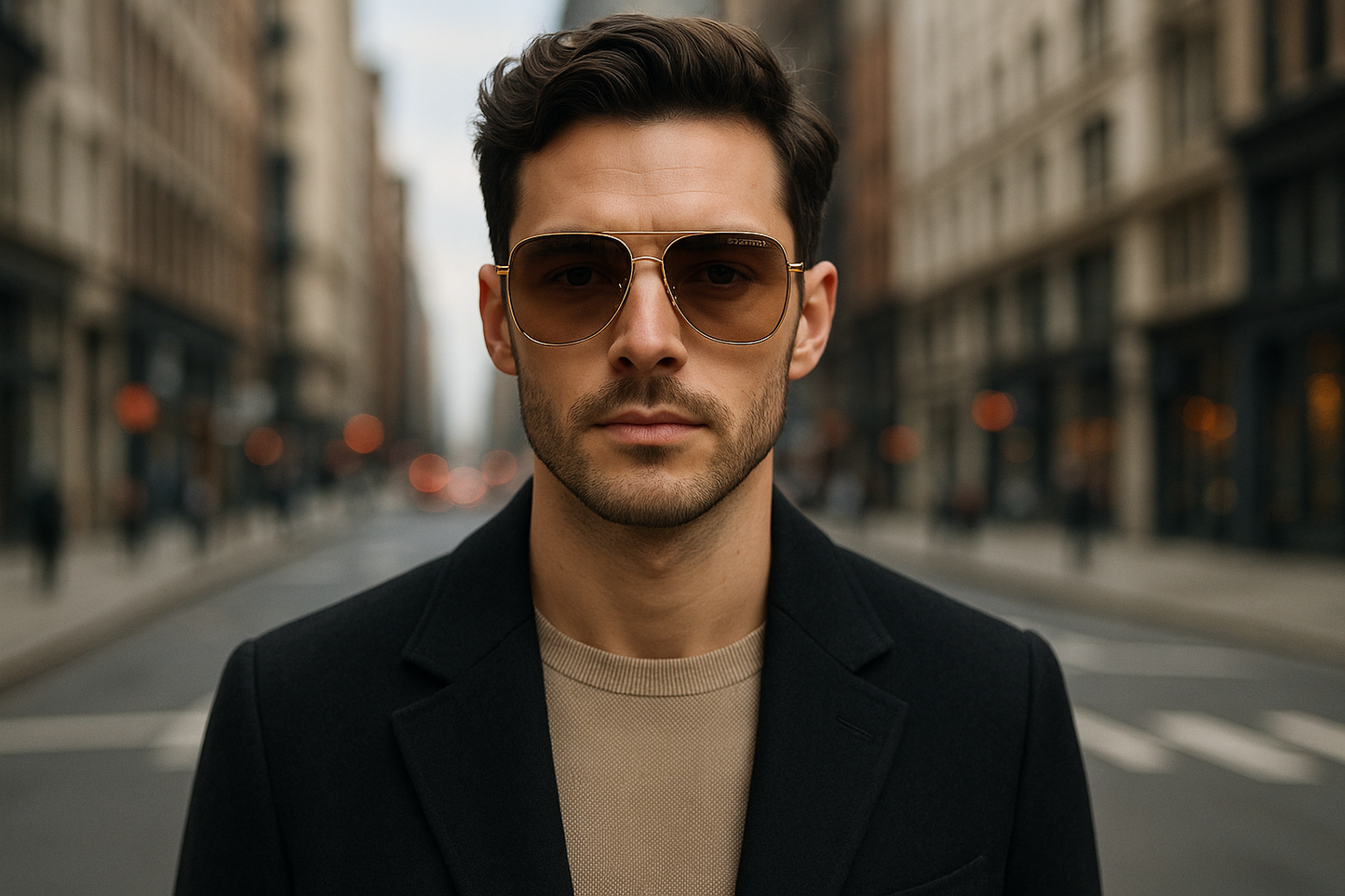 A stylish male model wearing Marc Jacobs gold aviator sunglasses with brown gradient lenses on city streets