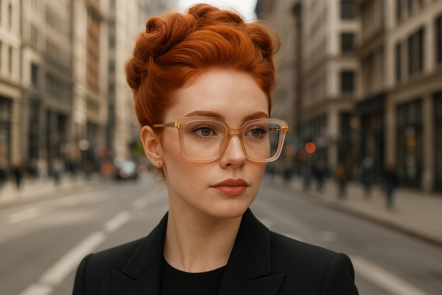 A stylish redhead female model with a different hairstyle wearing translucent Marc Jacobs prescription frames on city streets