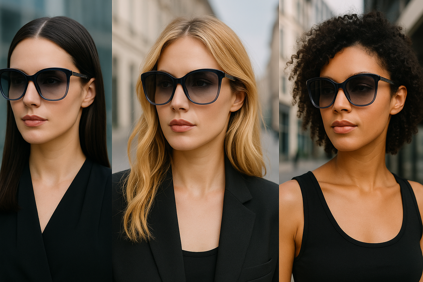 A triptych of three different stylish female models wearing Jimmy Choo blue gradient sunglasses with sparkly temple details