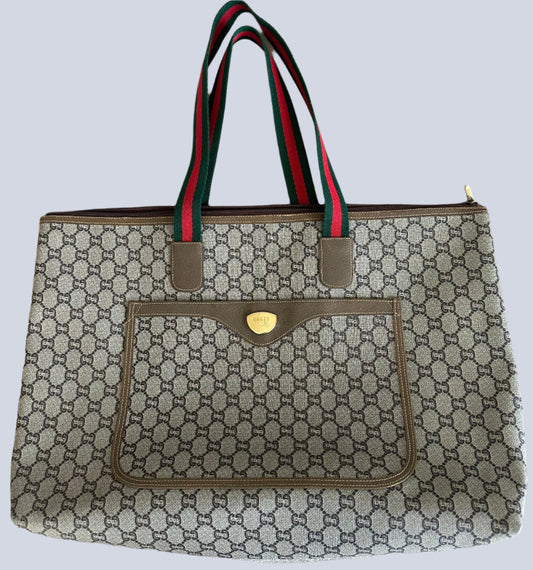 GUCCI GG Plus Monogram Tote - LARGE w Sherry Line Strap & Zip Close