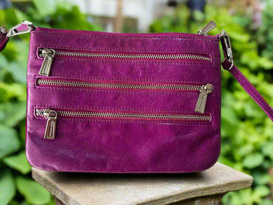 Rebecca Minkoff Purple Magenta Leather Crossbody Bag with 4 zippers