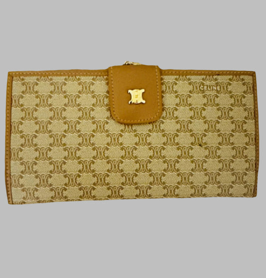 Celine Kiss lock Wallet with Tan Leather Trim, Triomphe Logo, and Gold Hardware. In PRISTINE Condition!