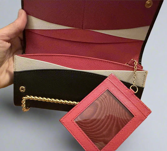 Still in Stores! New! Prada Double Snap Long Safiano Tri-tone Wallet in Black/ Pink Hibiscus with unbranded gold chain