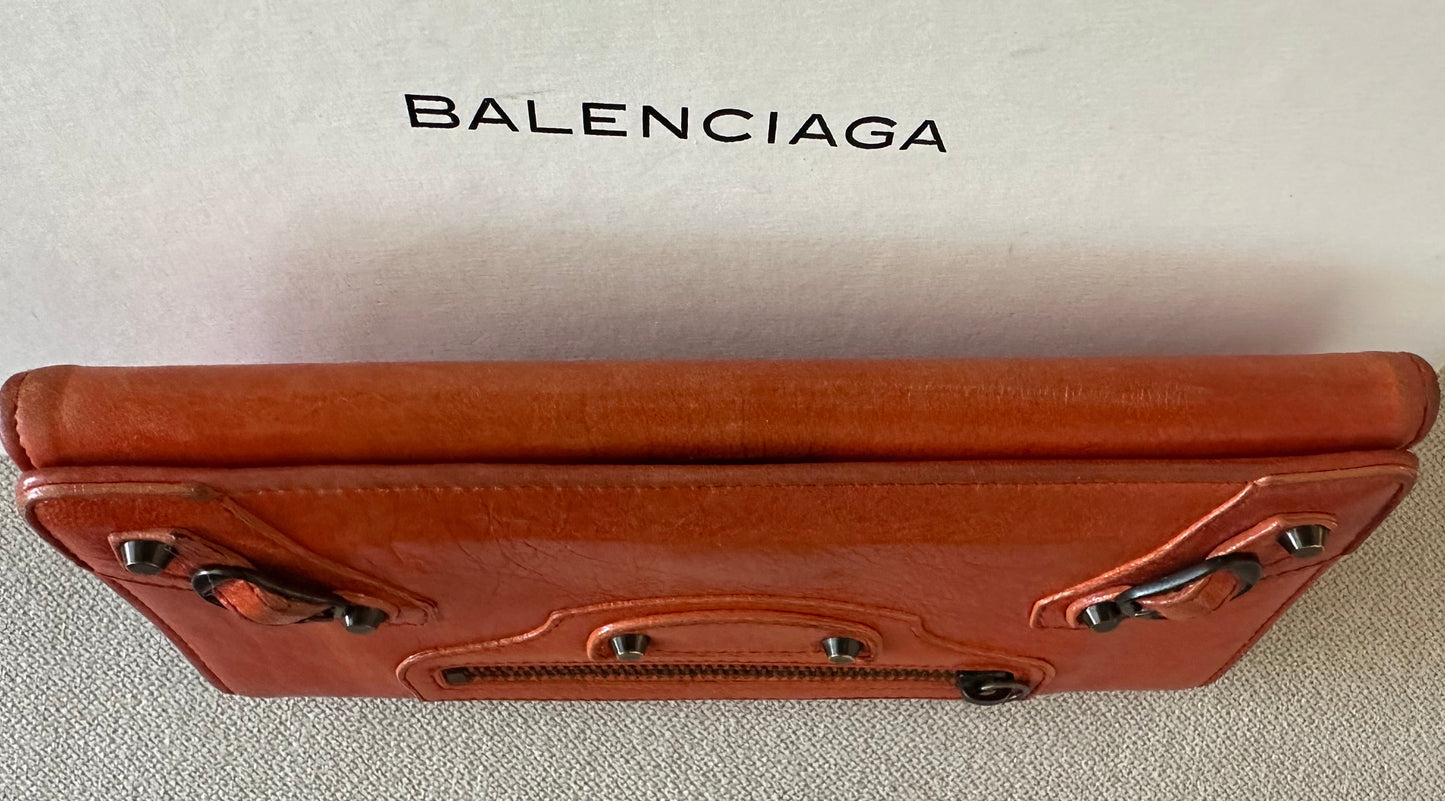 Balenciaga Classic Long Zippie Leather Wallet/Clutch in Tangerine