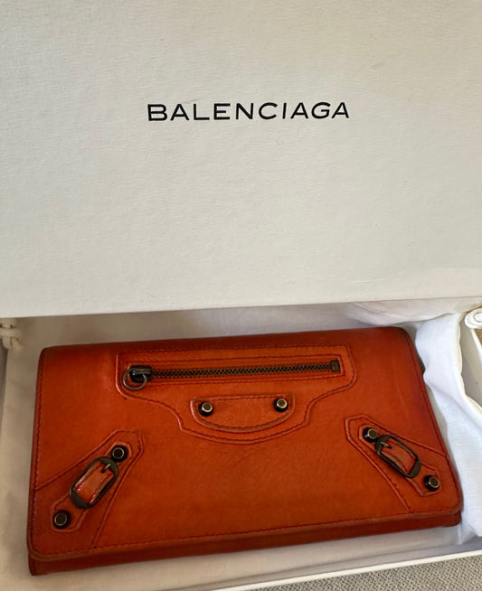 Balenciaga Classic Long Zippie Leather Wallet/Clutch in Tangerine