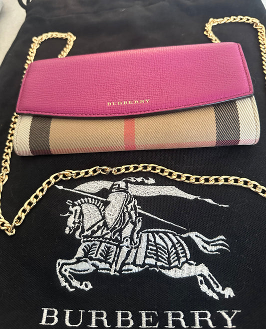 Burberry Pink and Tan Novo Check long Wallet with Gold Chain