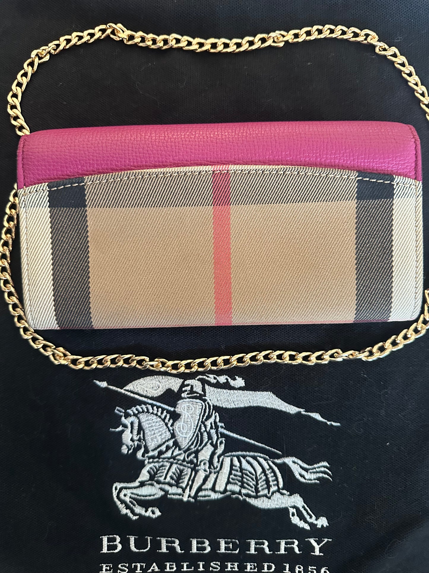 Burberry Pink and Tan Novo Check long Wallet with Gold Chain