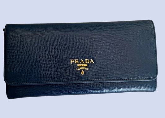 Prada Double Snap Long Leather Wallet in Deep Blue