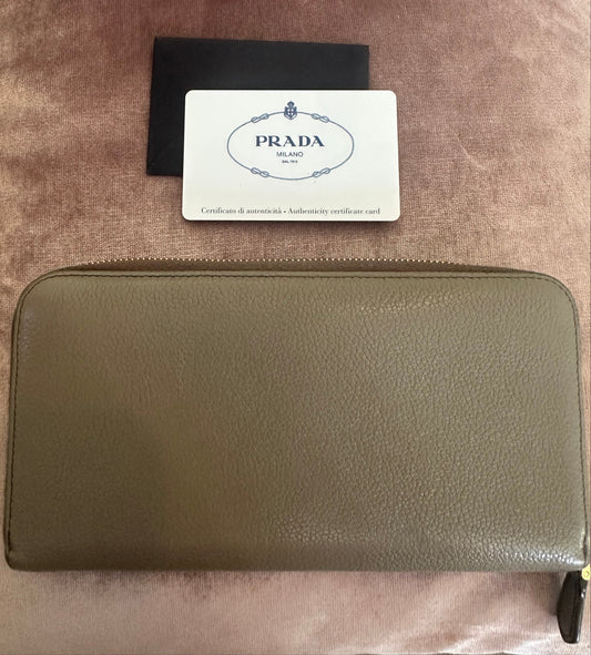 Prada Beige/Taupe Saffiano Leather Large Continental Zip Wallet with Zipper Closure