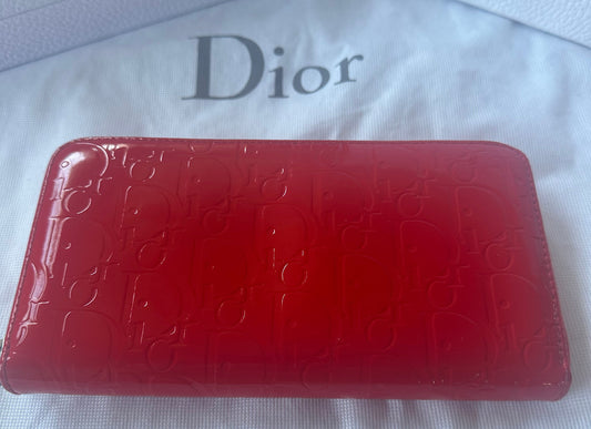 Christian Dior Red Enamel Embossed Patent Leather Long Zip Wallet