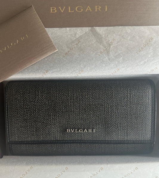 Bulgari Long Double Snap Canvas & Leather Wallet w Bvlgari Logo Men/Women/Unisex