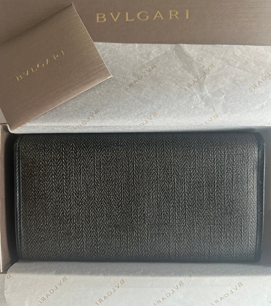 Bulgari Long Double Snap Canvas & Leather Wallet w Bvlgari Logo Men/Women/Unisex