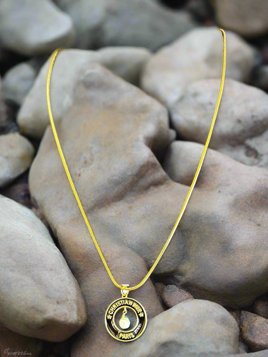 Christian Dior Gold Chain w Upcycled Gold, Black Lacquer, and Pearl Circular Pendant