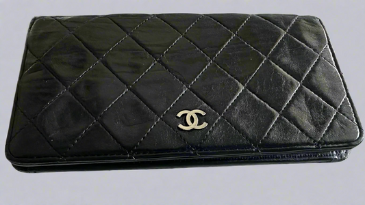 Chanel Black Quilted Wild Stitch Lambskin Leather Wallet