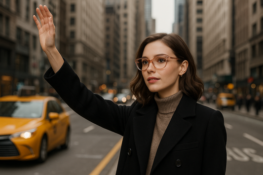 A fashionable model on a busy city street hailing a yellow taxi cab, wearing elegant Kate Spade Payton style eyeglasses