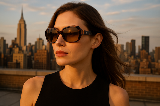 A fashionable model posing on a city rooftop wearing Kate Spade Annora/P/S sunglasses