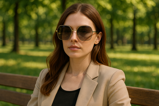 A fashionable model sitting on a wooden park bench wearing oversized sunglasses with the correct frame style and slightly translucent mirrored lenses