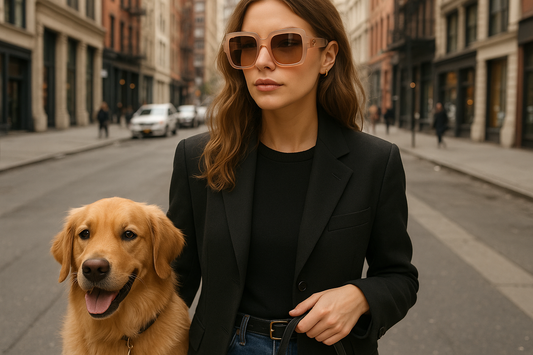 A fashionable model standing on a city street wearing chunky translucent rose gold sunglasses with her dog
