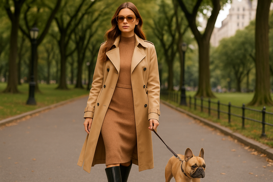 A fashionable model walking her dog in Central Park, wearing Burberry 3509/3D sunglasses with accurate frame shape