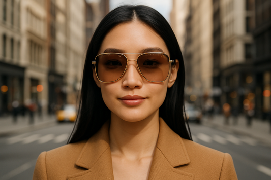 A stylish Asian female model facing forward with a closed mouth smile, wearing Marc Jacobs gold aviator sunglasses on city streets