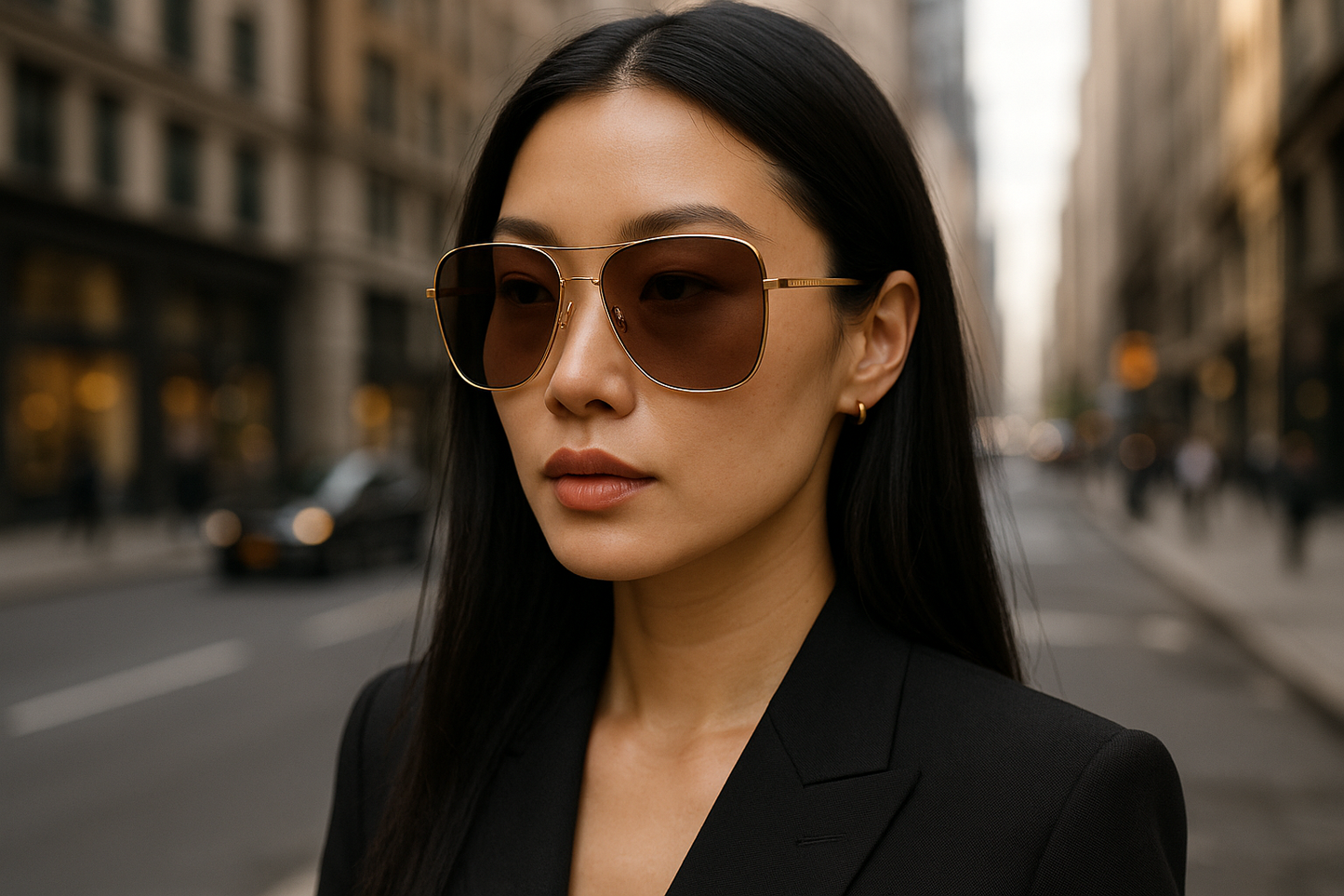 A stylish Asian female model wearing Marc Jacobs gold aviator sunglasses with brown gradient lenses on city streets
