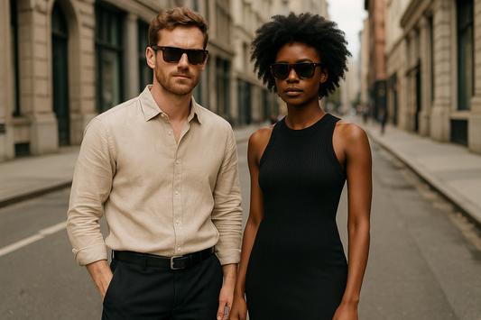 A stylish couple - white male and Black female models - both wearing Ferragamo SF1111S tortoiseshell sunglasses, showing their complete outfits on a city street