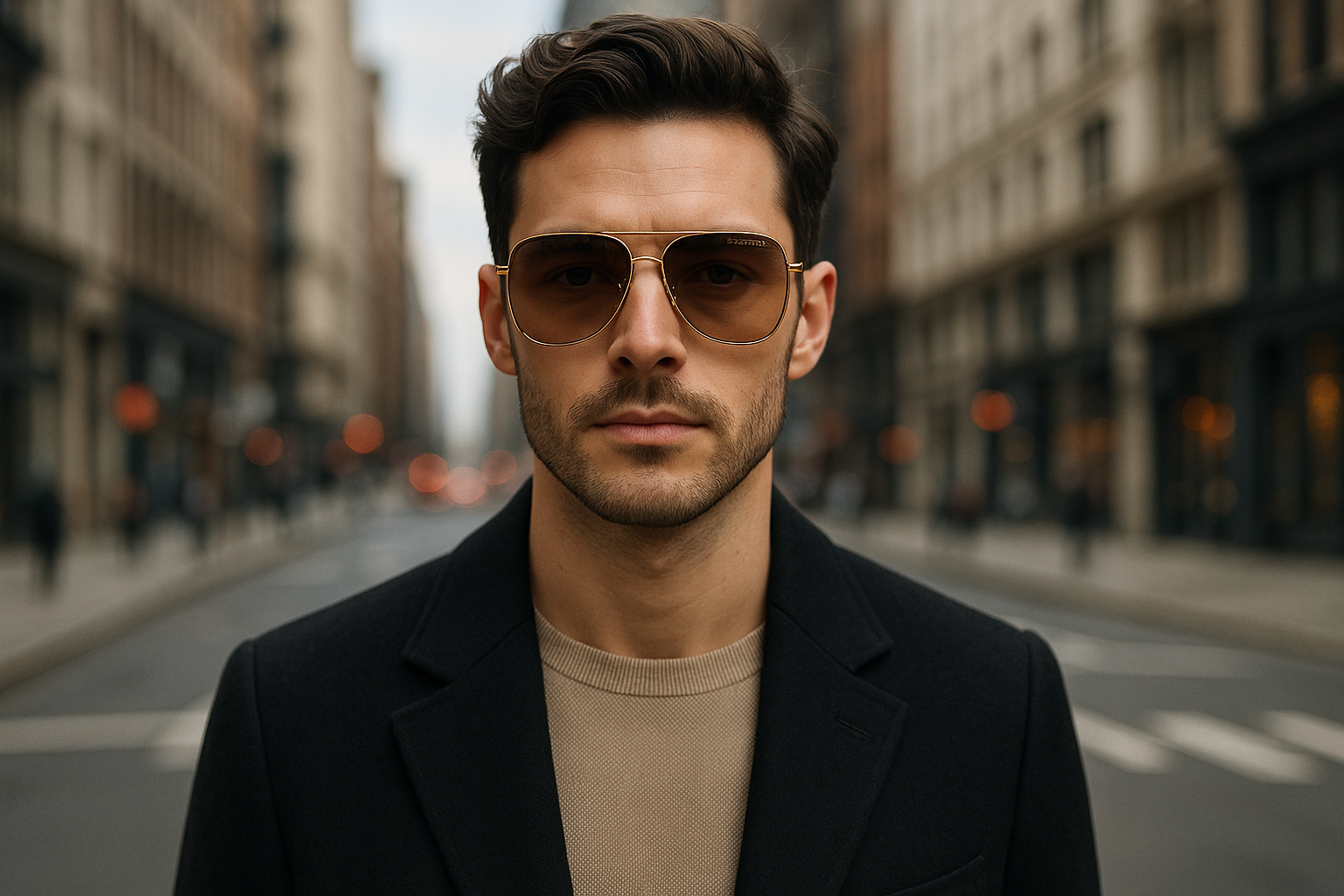 A stylish male model wearing Marc Jacobs gold aviator sunglasses with brown gradient lenses on city streets