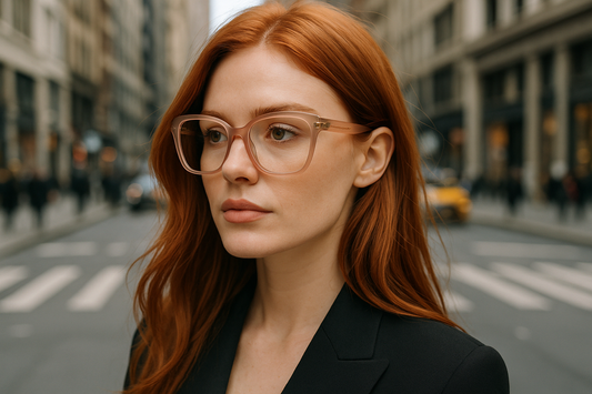 A stylish redhead female model wearing translucent Marc Jacobs prescription frames with gold temple accents on city streets