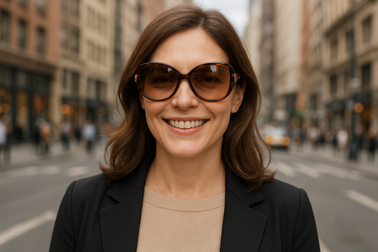 A younger stylish woman in her early 40s positioned further back wearing Salvatore Ferragamo SF600S 220 sunglasses with correct frame and lens shape on city street