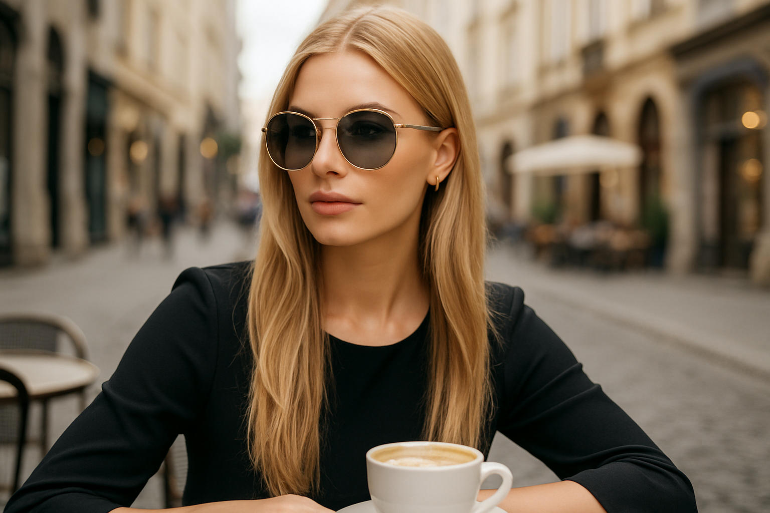 Blonde model wearing sunglasses at city cafe