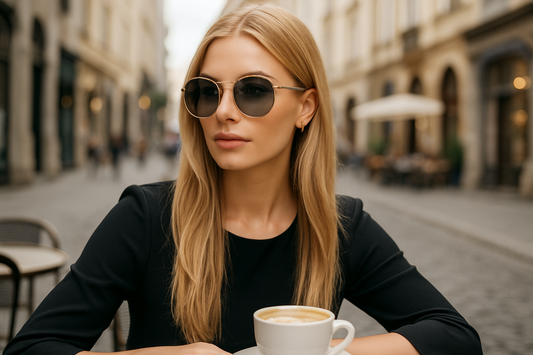 Blonde model wearing sunglasses at city cafe