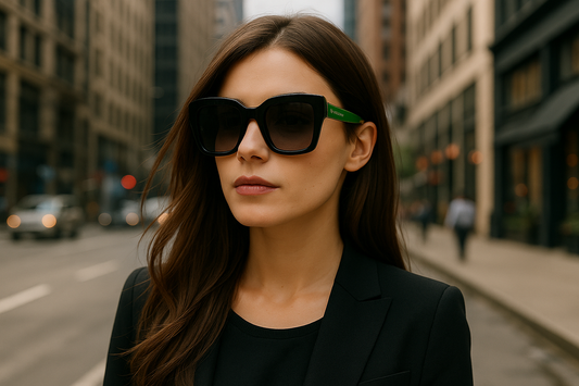 Three different stylish female models wearing the exact Kate Spade sunglasses with black frames and bright green sides on city streets